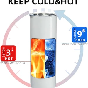 May include: White stainless steel tumbler with a graphic of flames on one side and ice on the other. The tumbler keeps drinks hot for 3 hours and cold for 9 hours. "KEEP COLD & HOT" is written at the top of the image.