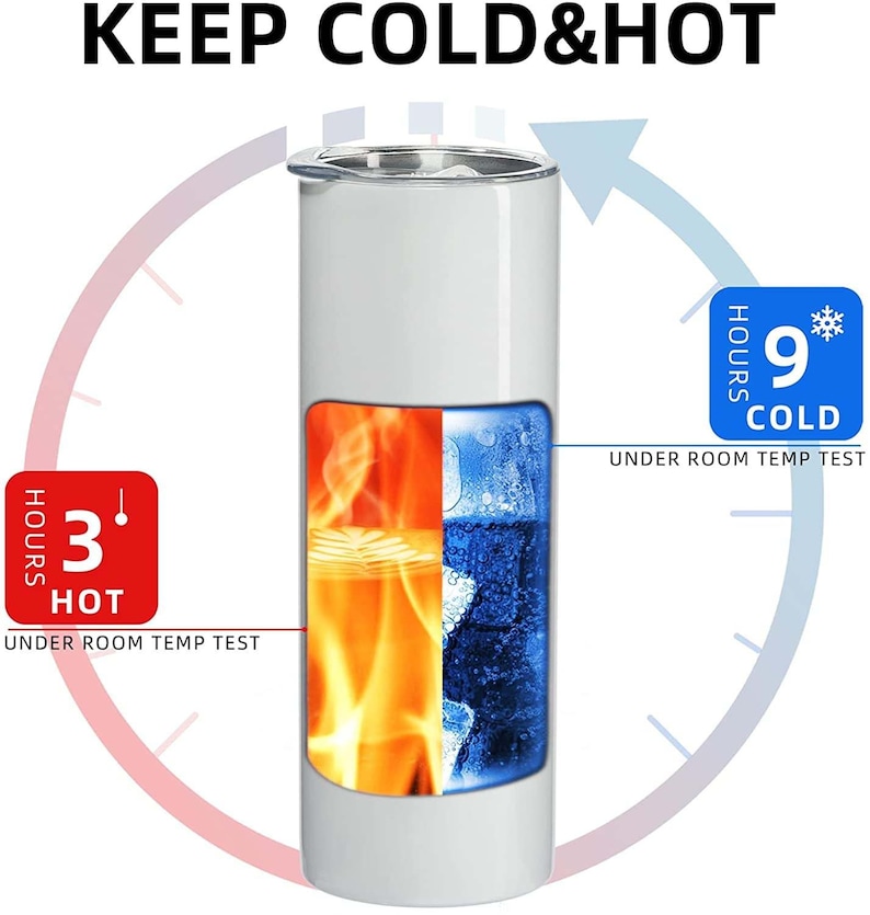 May include: White stainless steel tumbler with a graphic of flames on one side and ice on the other. The tumbler keeps drinks hot for 3 hours and cold for 9 hours. "KEEP COLD & HOT" is written at the top of the image.