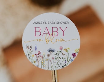Baby in Bloom Baby Shower Favor Labels, Baby in Bloom Baby Shower Favor Stickers, 2" Round Baby Shower Labels, Wildflower Baby Shower Labels