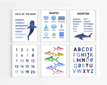 Kids Wall Art, Children's Wall Art, Nursery Set of 6 Prints, Educational Wall Art, Alphabet, Numbers, Colors, Shapes , Classroom print ocean