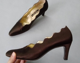Vintage Bruno Magli Couture Brown Satin Pumps size 8