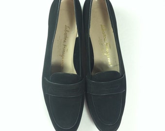 Vintage  Black Suede Shoes Flat Italian Nubuck Salvatore Ferragamo size 7