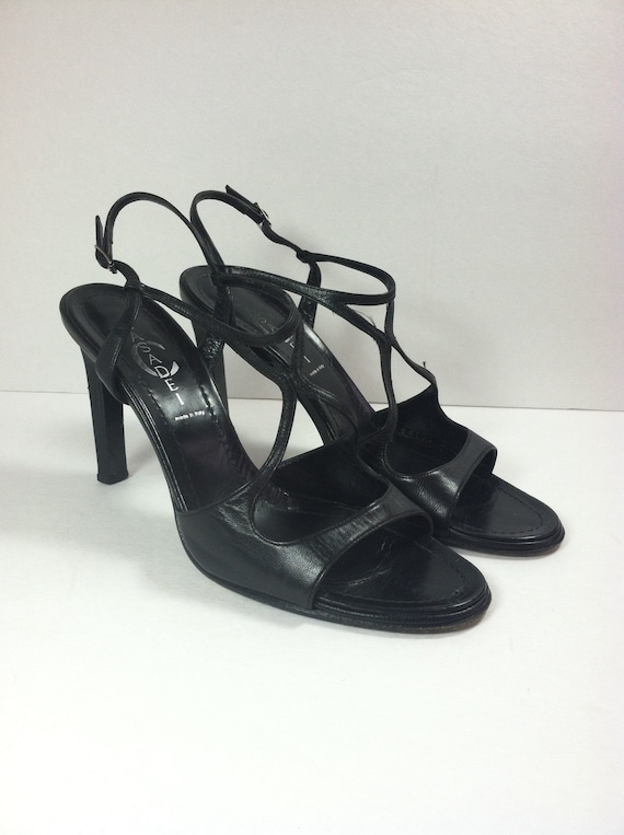 Vintage Black Leather Sandals / Black Strappy Sand