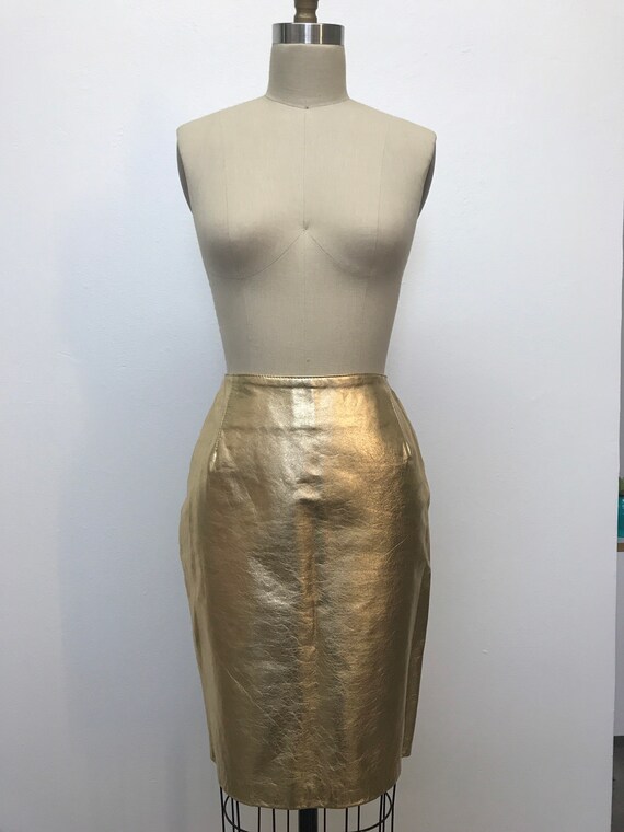 Vintage 80s Gold Leather Pencil Skirt Metallic siz