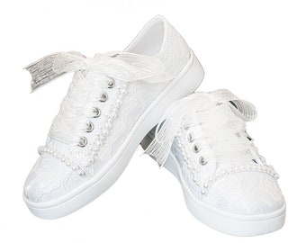 Fancy White Low Top Sneaker with Lace and Pearls