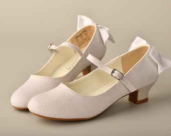 White Satin Girls Dress Shoe with Glitter