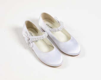 White Satin Girls Dress Shoe Flat