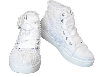 Fancy White High Top Sneaker with Lace and Pearls