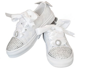 Fancy White Low Top Sneaker with Lace and Rhinestones
