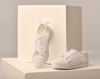 Pearl Studded Lace Sneakers: Fancy Low Top Shoes