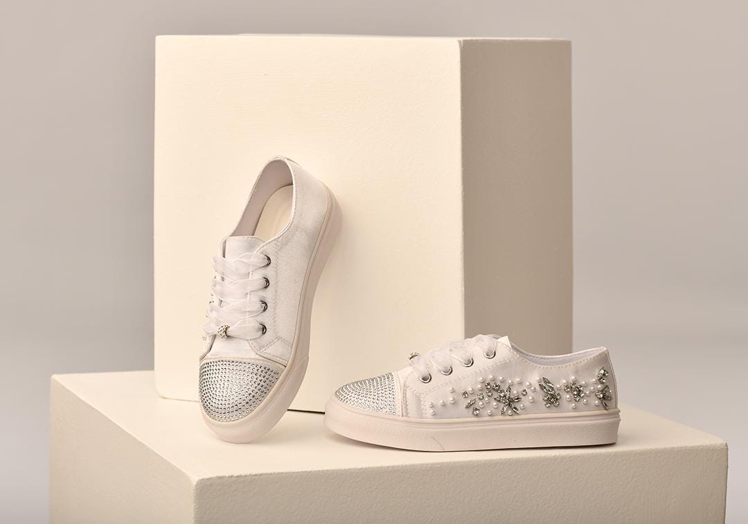 Fancy White Low Top Sneaker with Rhinestones and Pearls