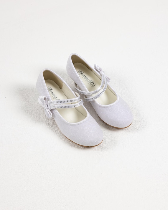 White Satin Girls Dress Shoe with Glitter and Rhinestone Studded Strap and Bow