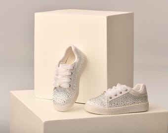 Fancy White Low Top Sneaker with Scattered Rhinestones