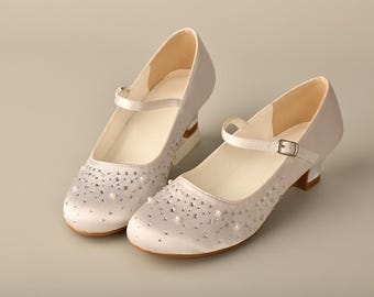 White Satin Girls Dress Shoe with Rhinestones and Pearls