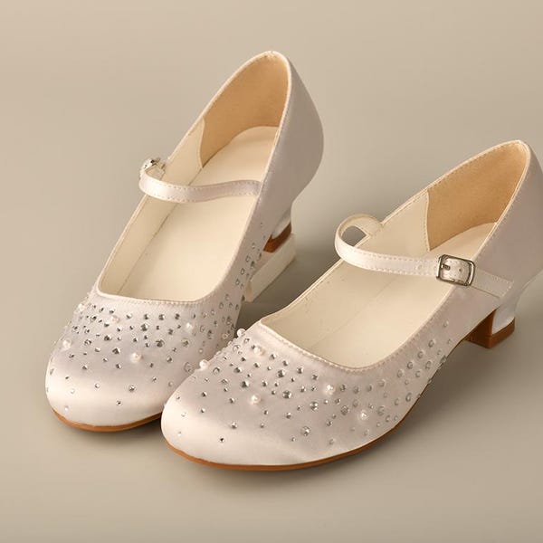 White Satin Girls Dress Shoe with Rhinestones and Pearls