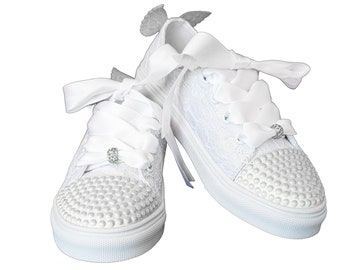 Fancy White Low Top Sneaker with Lace and Studded Toe