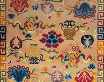 Beige Framed Auspicious Symbols Tibetan Rug
