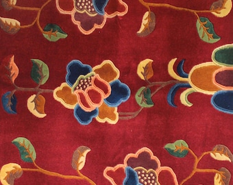 Burgundy Flowers Handmade Tibetan Rug
