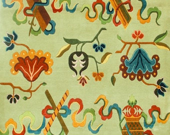 Light Green Tibetan Rug with Auspicious Symbols