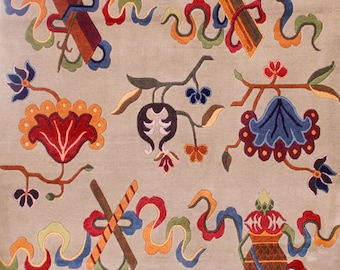 Tibetan Rug with Colorful Flowers on Beige background