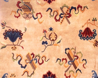 Tibetan Rug with Waves and Beige backgroung
