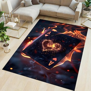 Tappeto con carte da gioco, tappeto con asso di cuori, tappeto con motivo a fuoco, arredamento per sala giochi, tappeto per soggiorno, arredamento moderno per la casa, tappeto da cucina, tappeto per cameretta dei bambini, regalo per lei