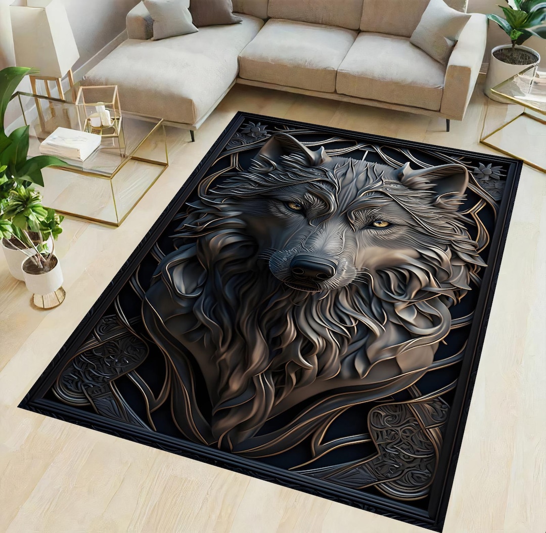 Majestic Wolf Rug,wolf Head Carpet,nordic Wolf Rug,powerful Wolf Decor ...