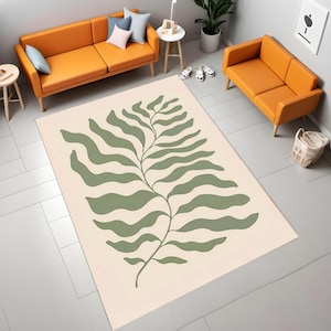 Minimalist Leaf Rug – Modern Botanical Beige Rug Green Carpet | Nature-Inspired Living Room & Bedroom Floor Decor,Garden Rug, Botanical Rug