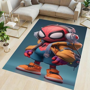 Dywan z kreskówkowym Spidermanem, dywan z zabawnym superbohaterem, dywan dla dzieci z superbohaterem, dywan do pokoju chłopców, wystrój domu, dywan do salonu, dywan kuchenny, dywan do pokoju dziecięcego, prezent dla przyjaciela