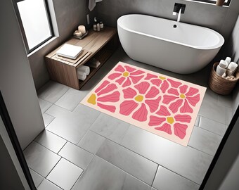 Peach Bathroom Mat - Cute Cartoon Bath Rug, Non-Slip Plush Coral Pink Mat For Kids Bathroom Decor