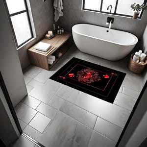 Tapete de cartas, tapete de banho vermelho, tapete de coração, decoração romântica, tapete com tema de amor, tapete de ás de copas, decoração de banheiro, tapete de banho, acessórios de banheiro, decoração de banheiro