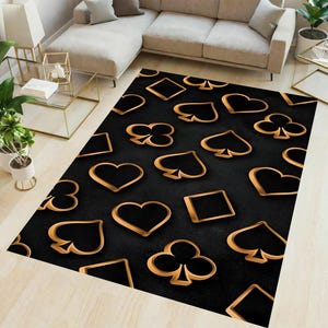 Tappeto con semi di carte, tappeto da casinò, tappeto nero, tappeto da poker, tappeto per sala giochi, tappeto con carte da gioco, tappeto per soggiorno, arredamento moderno per la casa, tappeto da cucina, tappeto per cameretta dei bambini