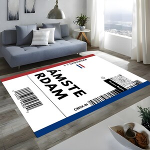 Tapete Amsterdam, Tapete para cartão de embarque, Tapete para passagem aérea, Presente para amante de viagens, Passagem aérea Amsterdam, Tapete para sala de estar, Decoração para casa, Tapete para cozinha, Tapete para quarto de criança