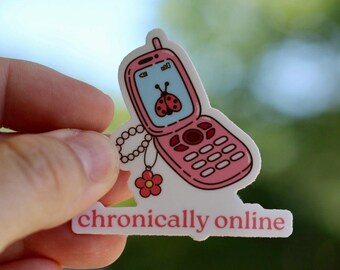 Chronically Online Flip Phone Sticker, Y2K Gen Z Humor Decal