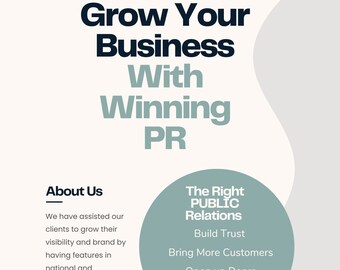 Pode incluir: Um gráfico com o texto "Grow Your Business With Winning PR" em preto sobre fundo branco. O texto está em uma fonte grande e em negrito. Abaixo do texto, há um círculo com o texto "The Right PUBLIC Relations" em branco sobre fundo azul claro. O círculo é cercado por uma borda branca. Abaixo do círculo, há uma lista de marcadores em branco sobre fundo azul claro. Os marcadores são "Build Trust", "Bring More Customers", "Open up Doors" e "Become a thought leader".