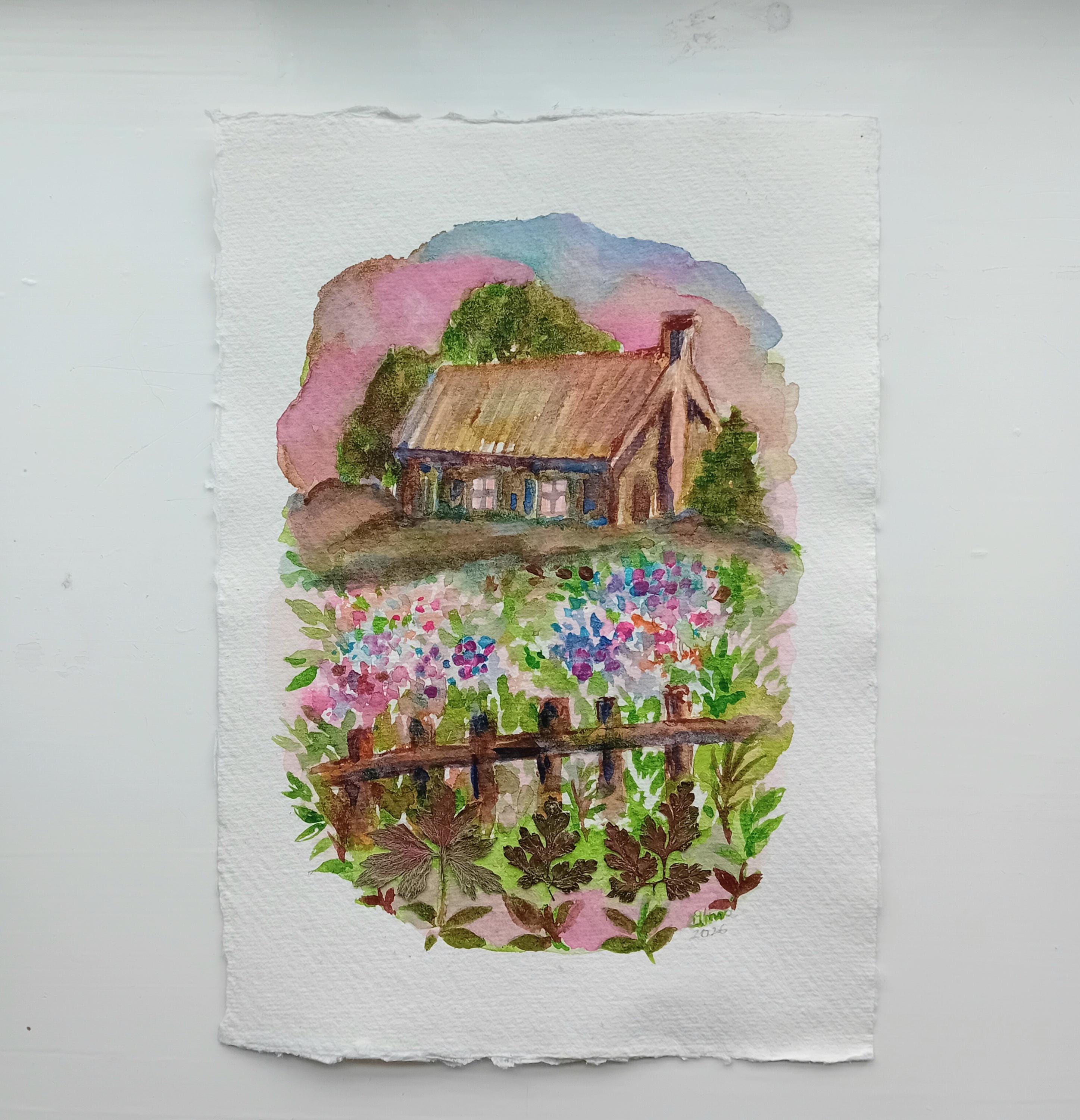 Watercolor Rag Original Cottage Watercolor Painting With Dried Plants, Handmade Cotton ...