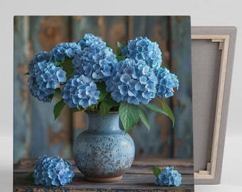 Hydrangea Art, Canvas or Poster, Floral Contemporary Decor, Living Room Bedroom Dining Room Entryway Wall Art, Blue White Grey Elegance
