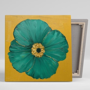 Poppy Art, Canvas or Poster, Contemporary Floral Decor, Living Room Bedroom Office Dining Room Wall Art, Teal Gold Yellow Green Design