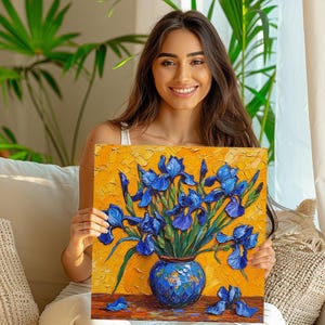 Iris Wall Art, Canvas or Poster, Impressionism Floral Decor, Living Room Bedroom Dining Room Office Wall Art, Blue Yellow Orange Green image 2