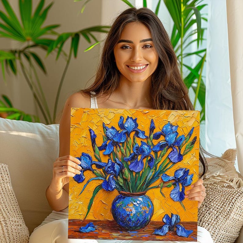Iris Wall Art, Canvas or Poster, Impressionism Floral Decor, Living Room Bedroom Dining Room Office Wall Art, Blue Yellow Orange Green image 2
