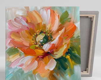 Peony Wall Art, Canvas or Poster, Floral Contemporary Decor, Living Room Bedroom Dining Room Office Wall Art, Orange Pink Green Yellow