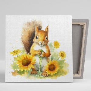 Sunflower Squirrel Wall Art, Canvas or Poster, Whimsical Floral Decor, Children&#39;s Room Nursery Living Room Bedroom Wall Art, Colorful Nature