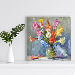 Gladiolus Wall Art, Canvas or Poster, Floral Impressionism Decor, Living Room Bedroom Dining Room Sunroom Wall Art, Pink Yellow Blue White image 6