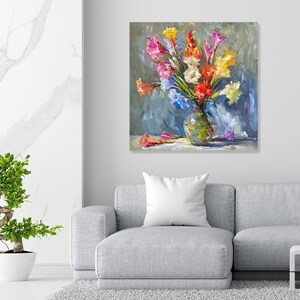 Gladiolus Wall Art, Canvas or Poster, Floral Impressionism Decor, Living Room Bedroom Dining Room Sunroom Wall Art, Pink Yellow Blue White image 4