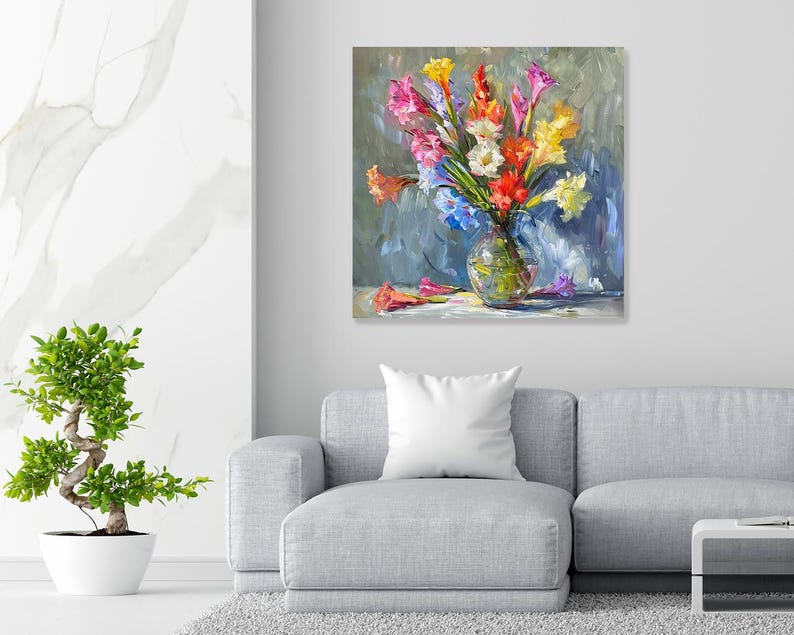Gladiolus Wall Art, Canvas or Poster, Floral Impressionism Decor, Living Room Bedroom Dining Room Sunroom Wall Art, Pink Yellow Blue White image 4