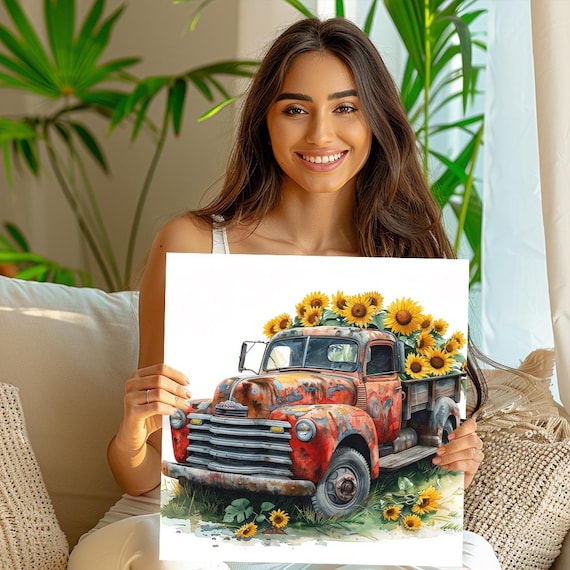 Sunflower Vintage Truck Wall Art, Canvas or Poster, Rustic