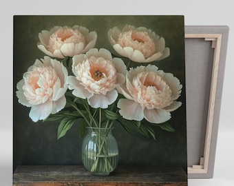 Peony Wall Art, Canvas or Poster, Floral Still Life Decor, Living Room Bedroom Office Art, Pink White Green Beige Shabby Chic, Peony Decor