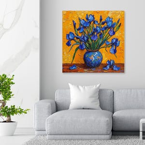 Iris Wall Art, Canvas or Poster, Impressionism Floral Decor, Living Room Bedroom Dining Room Office Wall Art, Blue Yellow Orange Green image 4