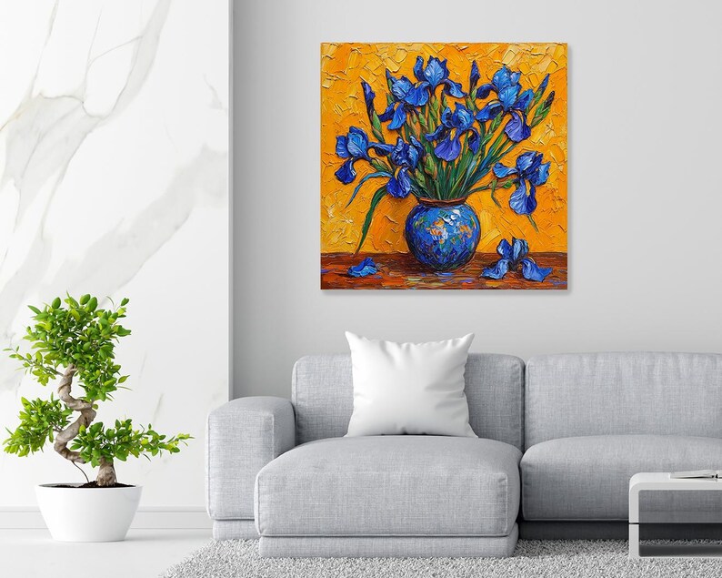 Iris Wall Art, Canvas or Poster, Impressionism Floral Decor, Living Room Bedroom Dining Room Office Wall Art, Blue Yellow Orange Green image 4