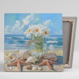 Daisy Seascape Wandkunst, Leinwand oder Poster, Küstenblumendekor, Badezimmer Schlafzimmer Wohnzimmer Wintergarten Wandkunst, Blau, Weiß, Gelb Beige